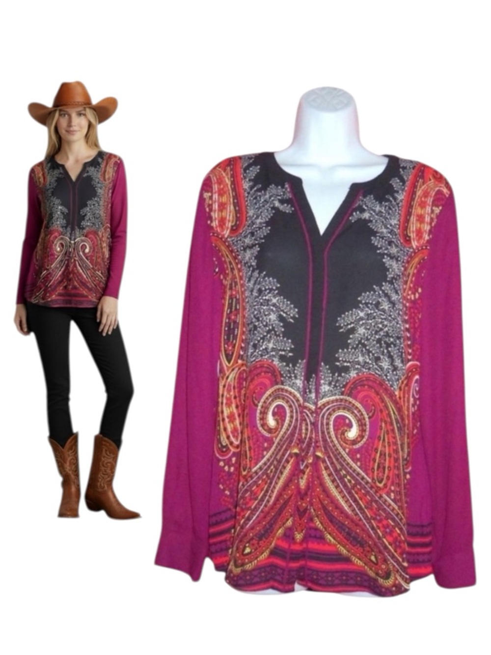 Dana Buchman Boho Paisley Western Button Down Top Blouse Women’s 10 NWT
